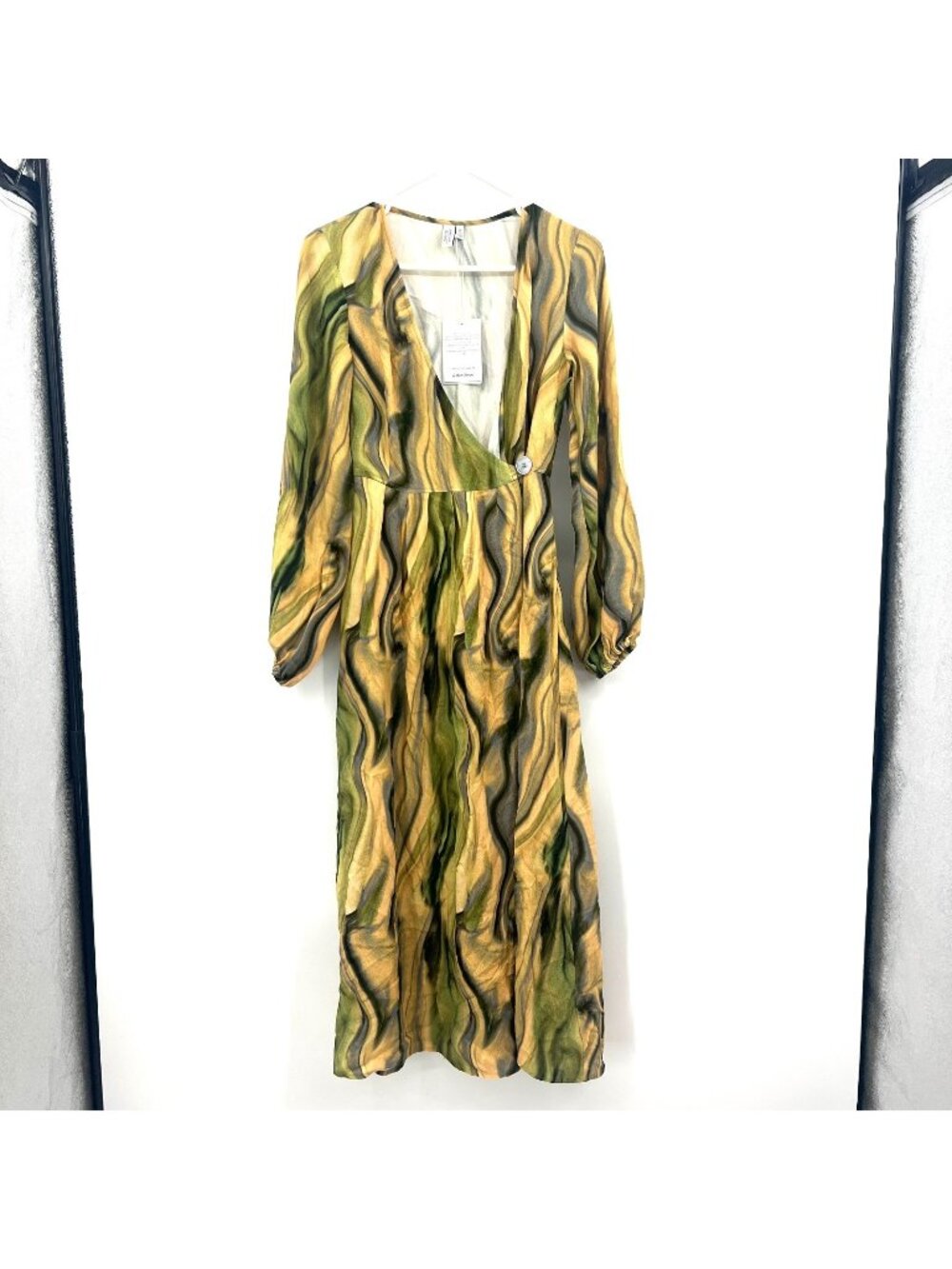 NWT & Other Stories Green Yellow Swirl Midi Wrap Dress Women's 0